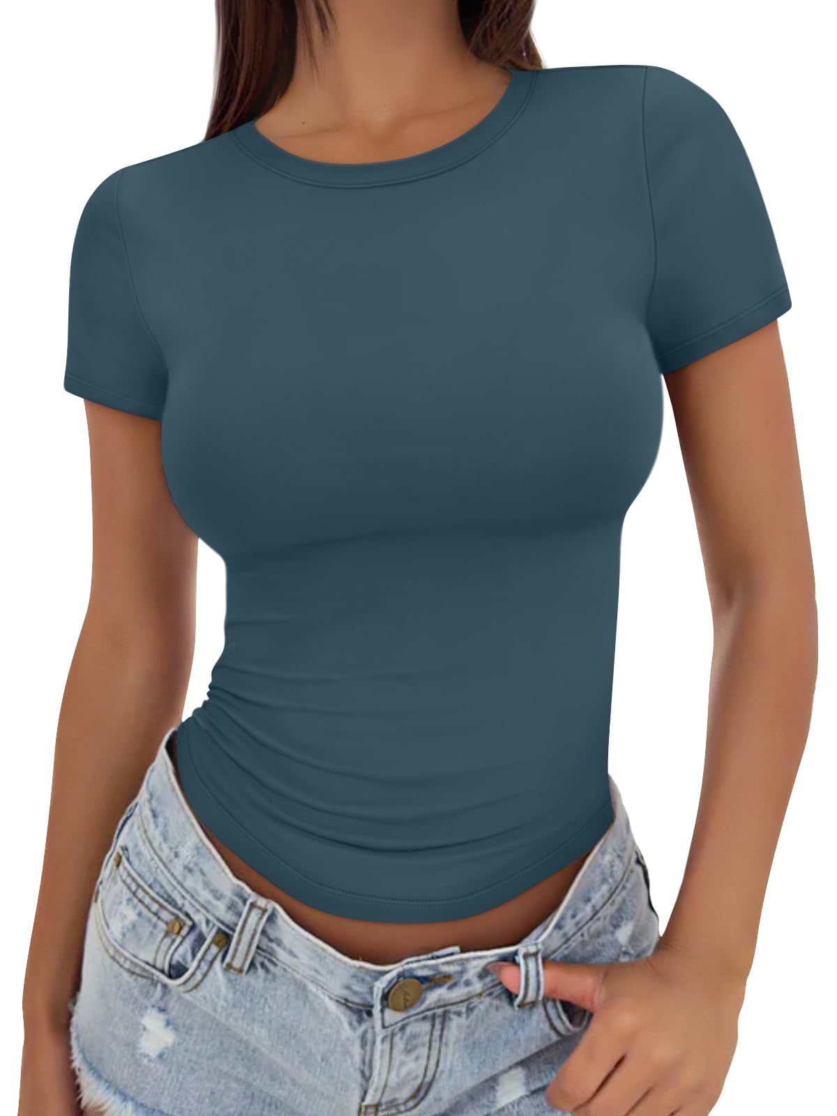 Trendy Queen Womens Stretchy Soft Opaque Basic T Shirts - Slim Fit Short Sleeve Y2k Cute Summer Crop Workout Tops
