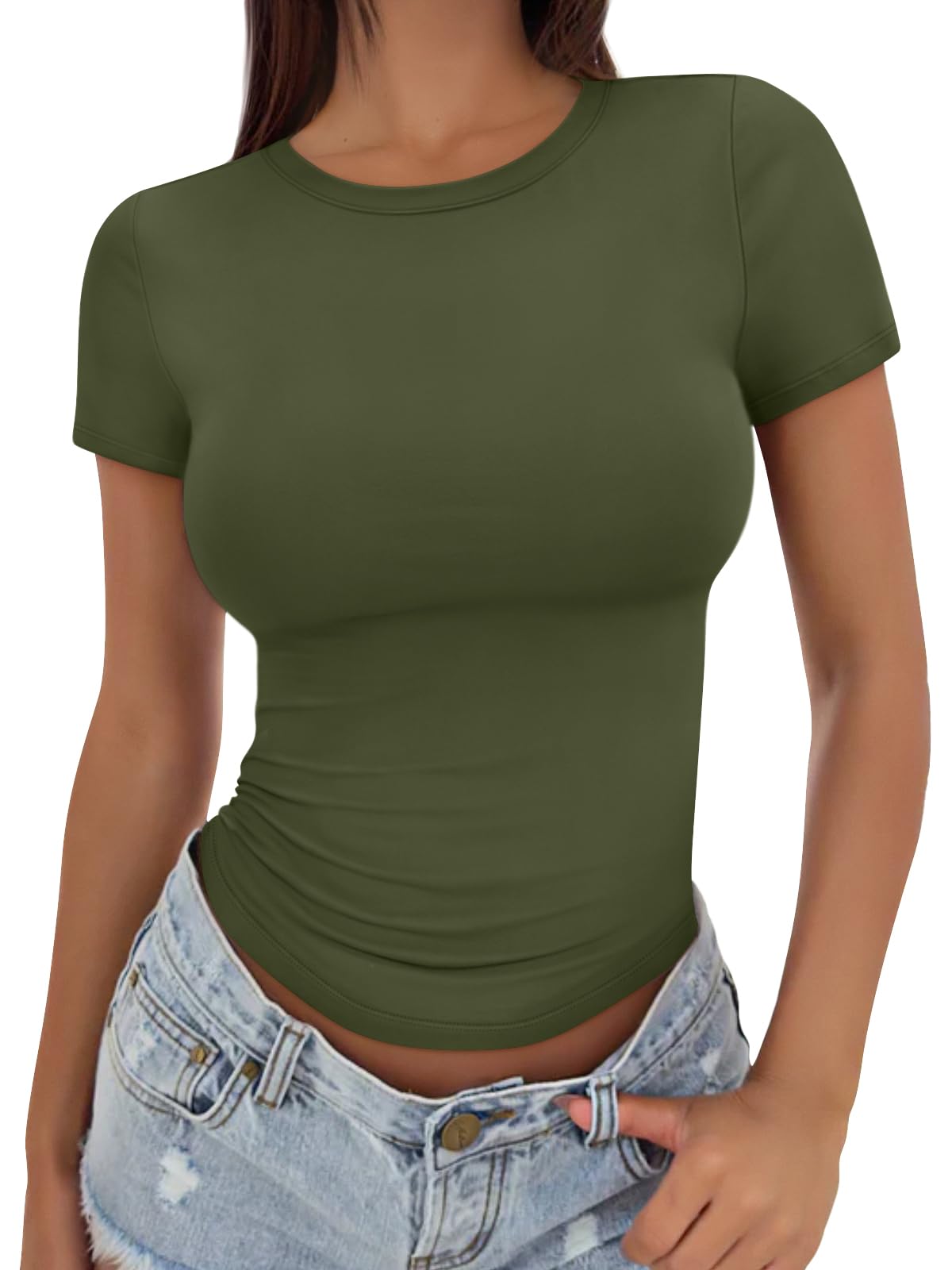 Trendy Queen Womens Stretchy Soft Opaque Basic T Shirts - Slim Fit Short Sleeve Y2k Cute Summer Crop Workout Tops