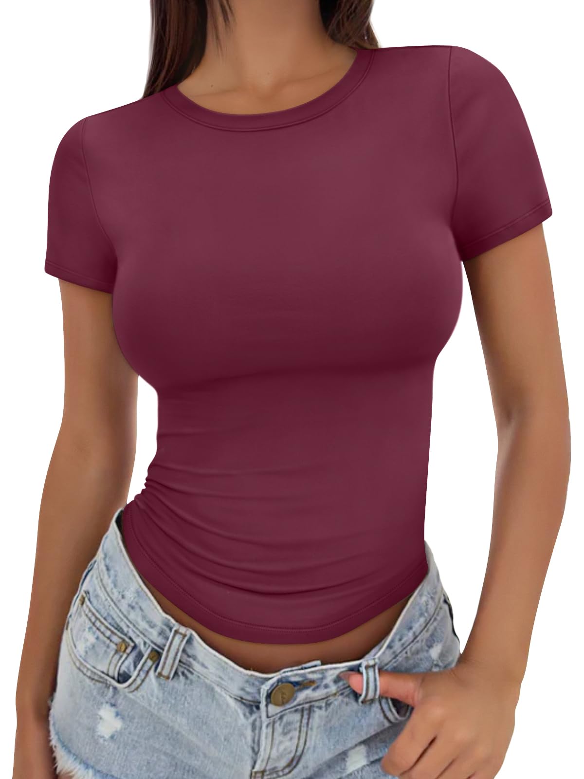 Trendy Queen Womens Stretchy Soft Opaque Basic T Shirts - Slim Fit Short Sleeve Y2k Cute Summer Crop Workout Tops