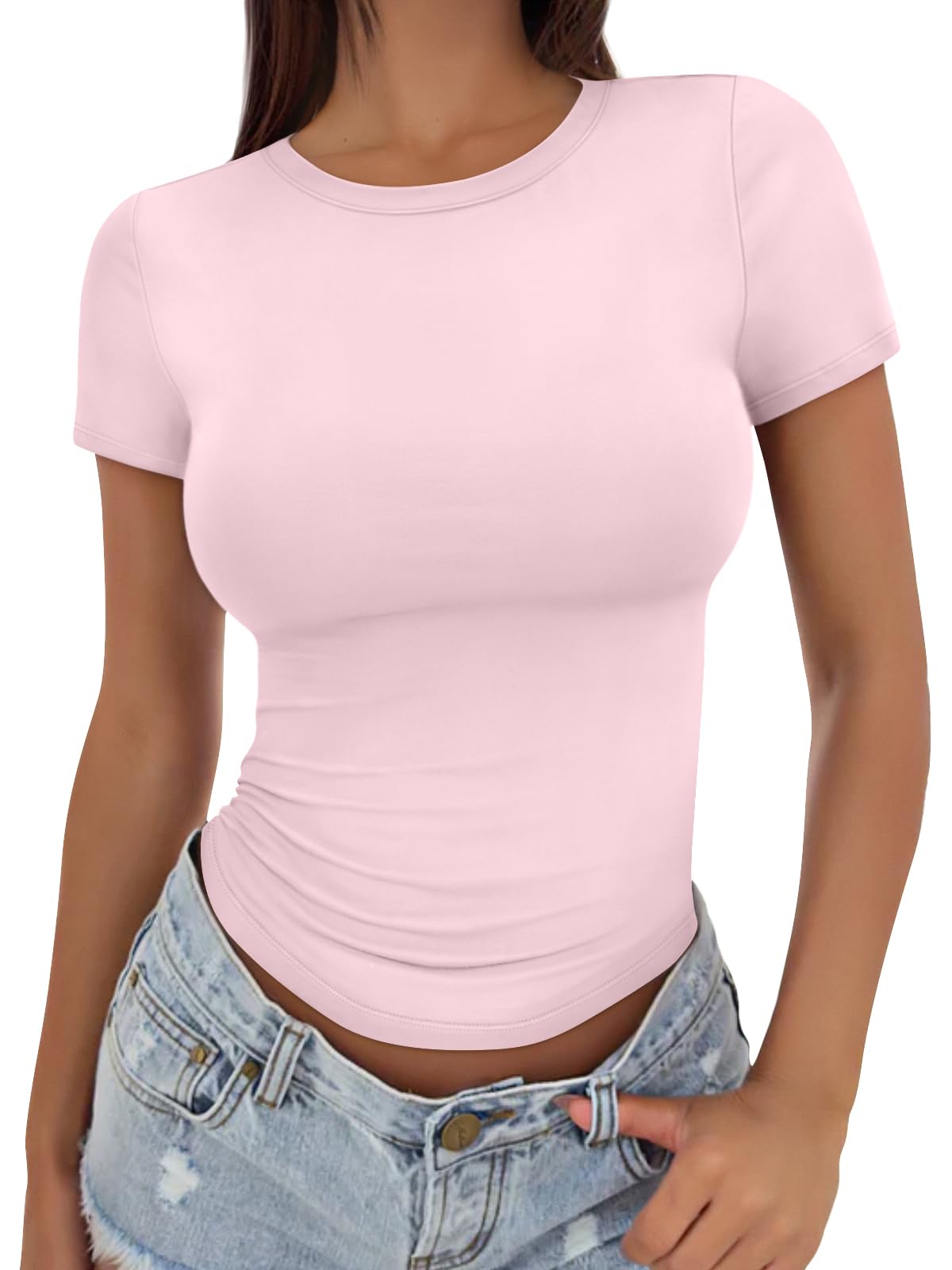Trendy Queen Womens Stretchy Soft Opaque Basic T Shirts - Slim Fit Short Sleeve Y2k Cute Summer Crop Workout Tops