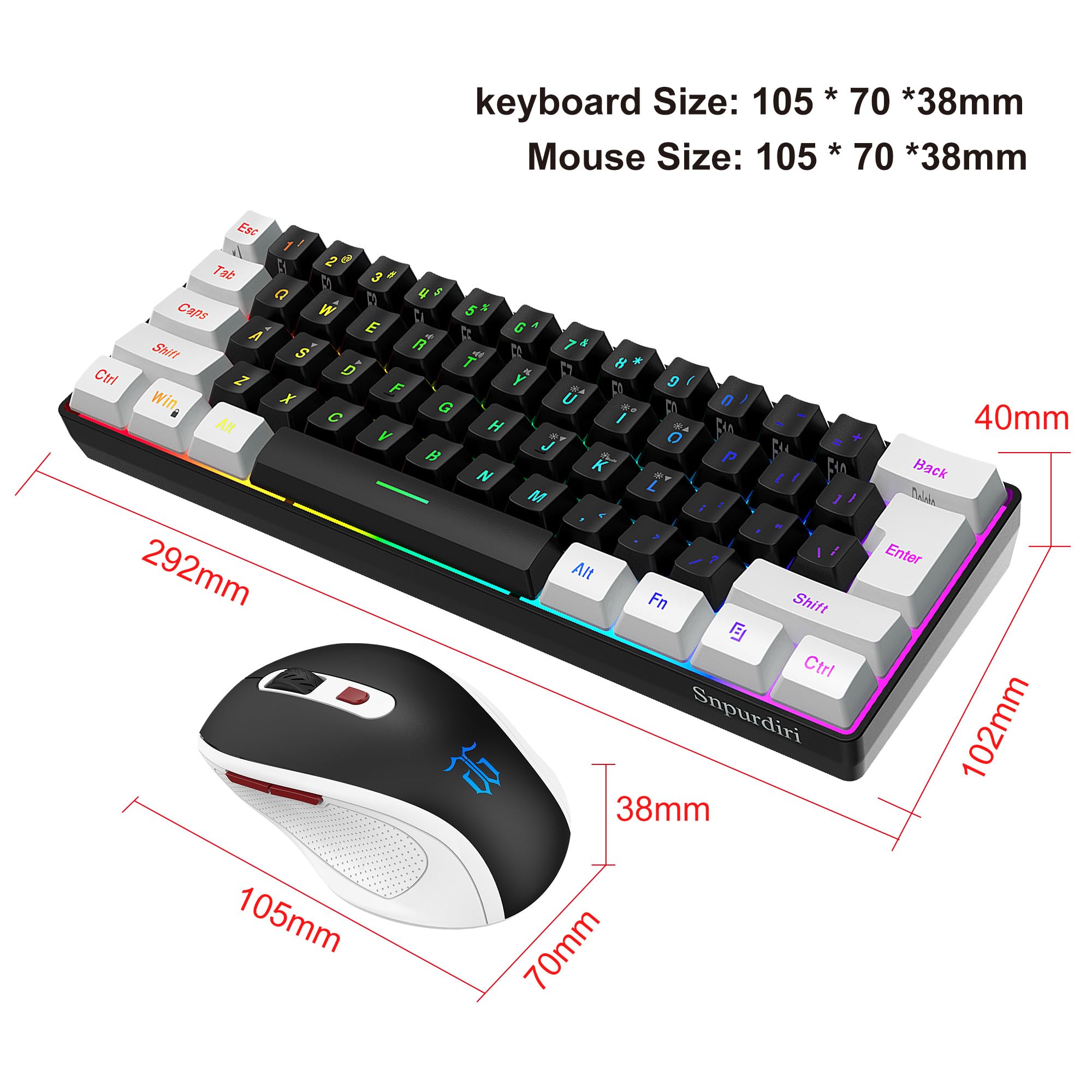 Snpurdiri 2.4G Wireless Gaming Keyboard and Mouse Combo, Include Mini 60% Merchanical Feel Keyboard, Ergonomic Vertical Feel Small Wireless Mouse(Red and Black)