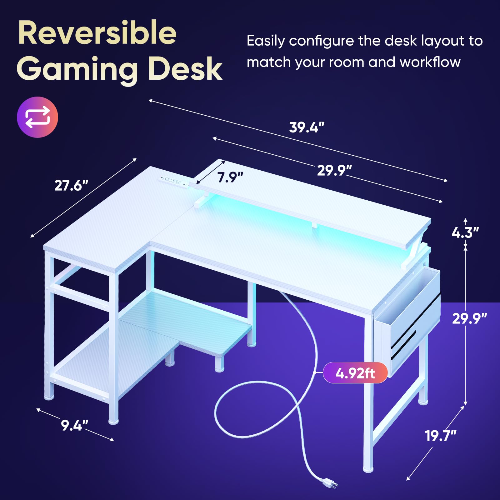 DUMOS Gaming Desk, Computer Desk with USB Charging Ports, Power Outlets, Type-C and LED Lights, Reversible L Shaped Desk with Storage Shelves & Monitor Stand for Office Gaming Room Black 48IN