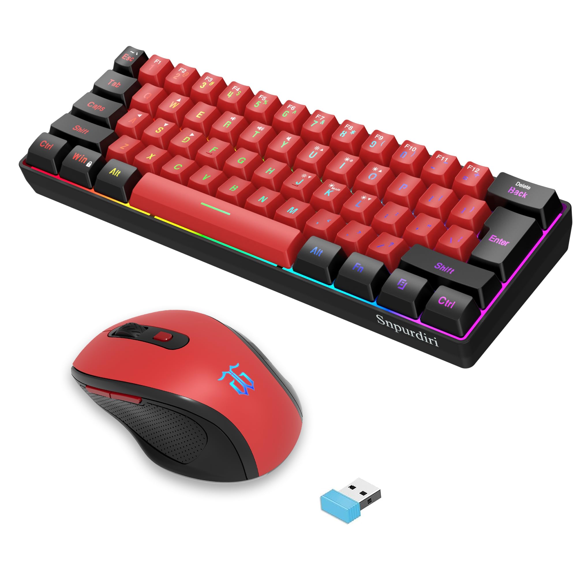 Snpurdiri 2.4G Wireless Gaming Keyboard and Mouse Combo, Include Mini 60% Merchanical Feel Keyboard, Ergonomic Vertical Feel Small Wireless Mouse(Red and Black)