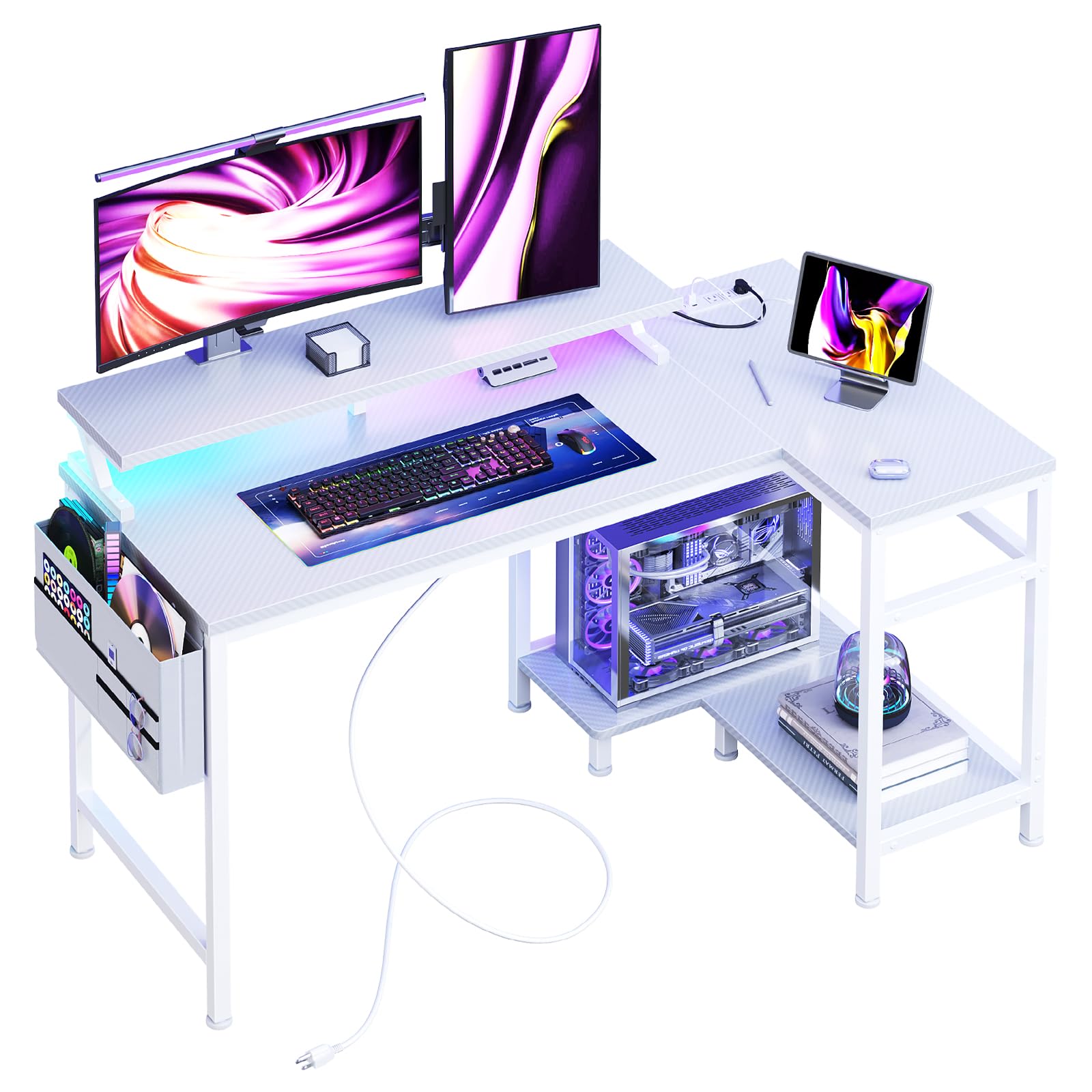 DUMOS Gaming Desk, Computer Desk with USB Charging Ports, Power Outlets, Type-C and LED Lights, Reversible L Shaped Desk with Storage Shelves & Monitor Stand for Office Gaming Room Black 48IN