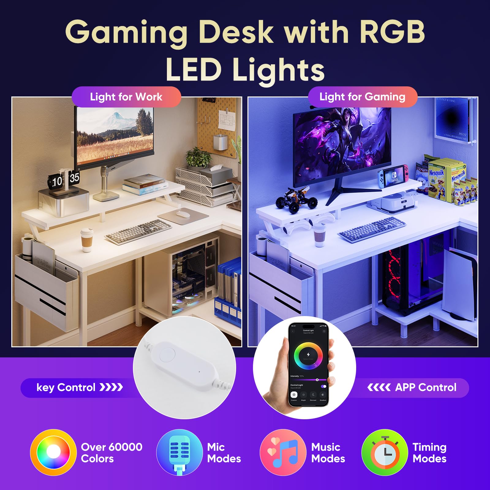 DUMOS Gaming Desk, Computer Desk with USB Charging Ports, Power Outlets, Type-C and LED Lights, Reversible L Shaped Desk with Storage Shelves & Monitor Stand for Office Gaming Room Black 48IN
