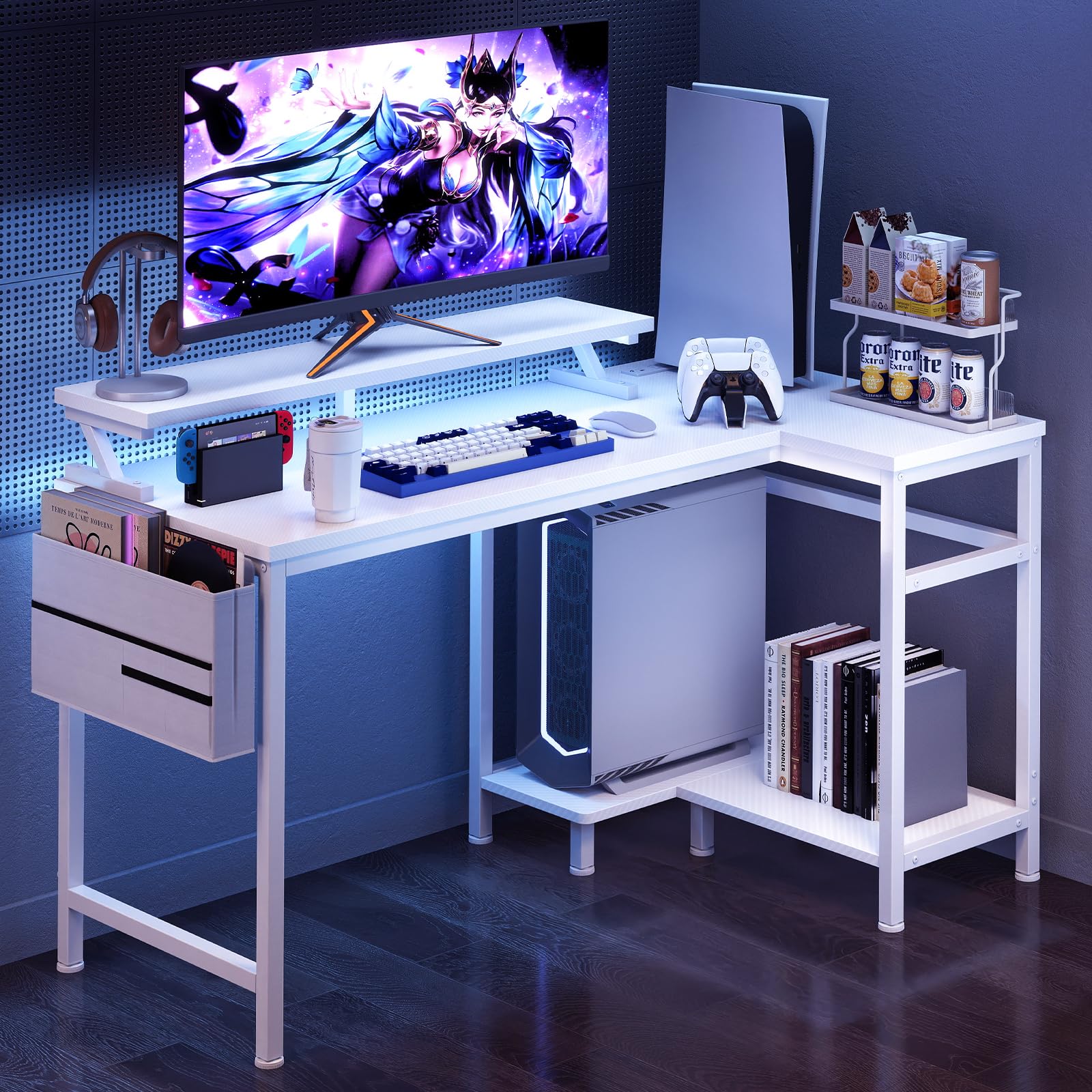 DUMOS Gaming Desk, Computer Desk with USB Charging Ports, Power Outlets, Type-C and LED Lights, Reversible L Shaped Desk with Storage Shelves & Monitor Stand for Office Gaming Room Black 48IN